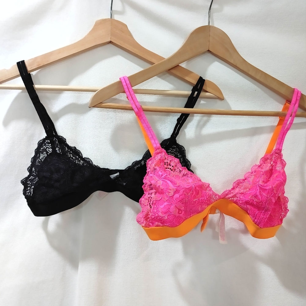 PINK Victoria's Secret Bralette Black Lace Triangle&Hot Pink Triangle